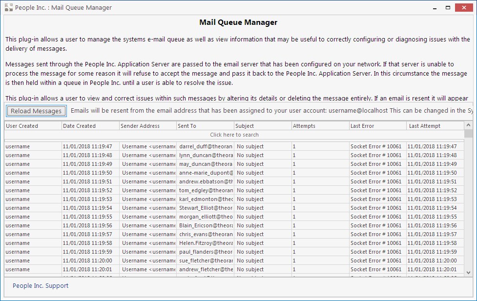 Tool integrated in the People Inc HR system showing a list of undeliverable email messages and function buttons to manage these messages